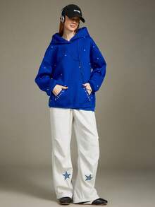 Elnivra Uhlyne - 女士简约重磅高端小众串珠口袋连帽运动衫，宽松版型，复古蓝色，冬季服装 - 寶藍色 - 查看 7