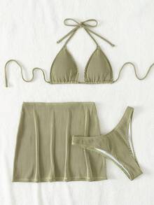 Bonvoyette 3pcs Set: Solid Color Halter Tie Bikini Swimsuit With Matching Skirt - Olive Green - View 4