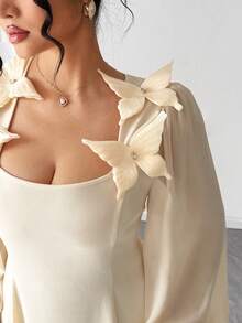Elenzga Plus Size Women Elegant Formal White Autumn Maxi Dress,Chiffon Long Sleeve Square Neck 3D Floral Decor A-Line Party Date Gathering Minimalist Gown - Apricot - View 7