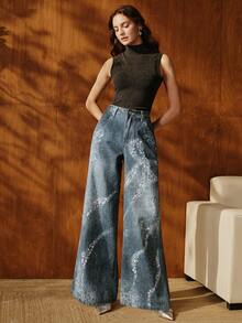 Anewsta Celana Jeans Model Flare dengan Motif Rhinestone Imitasi dan Pita untuk Komuter yang Modis - Biru - View 1
