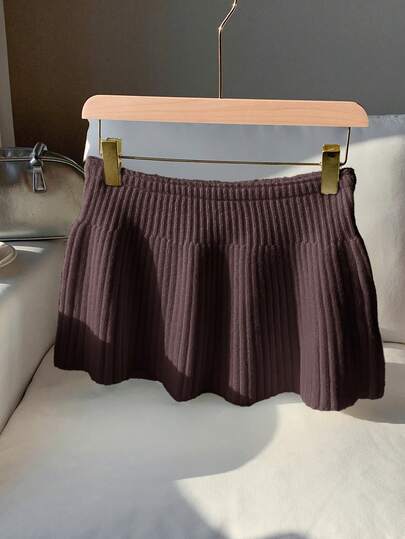 Comfortcana Falda de suéter casual mini acanalada de color marrón chocolate para mujer, vestido de suéter de invierno, falda marrón