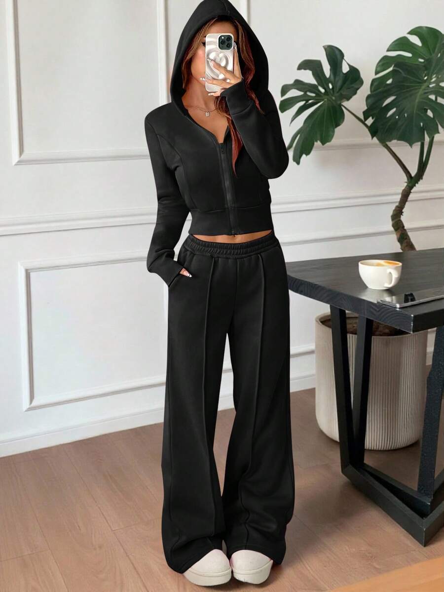 Serisse Kids 青少年女孩休闲时尚复古学院风针织短款连帽拉链运动衫夹克带口袋和宽松阔腿裤套装，粉色，适合周末休闲出游、返校 - 黑色 - 查看 1