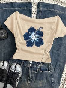 Attitoon 蓝色花卉图案女式休闲褶皱腰露肩紧身短袖 T 恤，适合夏季 - 杏色 - 查看 7