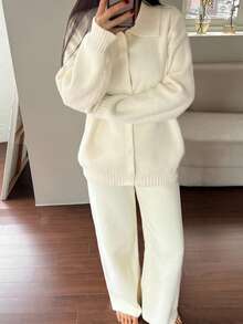 DAZY Women's Solid Color Knitted Loose Fit Pajama Set, Autumn/Winter - White - View 8