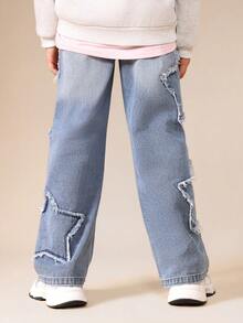 SUMWON Distressed Ripped Denim Jeans With Star Patches Wide Leg Casual Streetwear Style - Light Wash - View 2