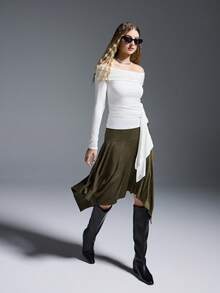 MYSTAURA 1pc Women's Personalized Off Shoulder Tie-Up Fitted Long Sleeve Top