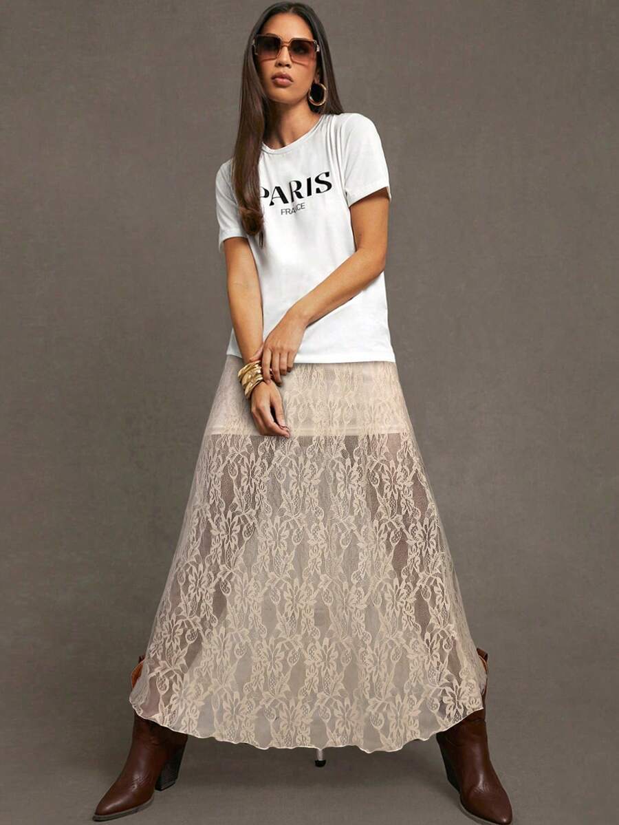 Siren Gaze Women Sexy Wildflower Lace Patchwork Lightweight And Breathable Long Summer Skirt Winter Casual Spring - Apricot - View 1