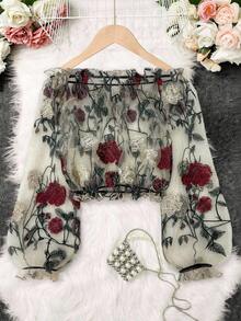 SHEIN LUNE Women's Fashion Sheer Mesh Crochet Embroidered Floral Off Shoulder Lantern Sleeve Cropped Top