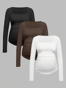 SHEIN Maternity Casual Solid Color Ruched Fitted T-Shirt, Autumn