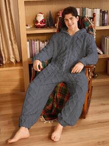 CoupledUp Solid Color Zipper Plush Jacquard Hooded Men's Fluffy Cozy Winter Jumpsuit Loungewear - Dark Grey - View 6