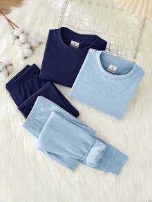 SHEIN 4 件套青少年男孩简约舒适圆领长袖 T 恤和裤子柔软舒适保暖内衣睡衣套装 - 藏蓝色 - 查看 5