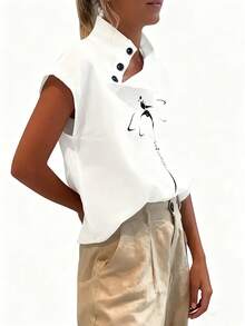 EMERY ROSE 休闲简约女士圆领纽扣设计衬衫，女士休闲不对称，纽扣短袖立领常规版型常规白色蝙蝠袖上衣女士衬衫，春夏，休闲日常穿着