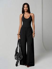 SHEIN TRNDY 1pc Women's Sexy Backless Jumpsuit With Metal Ring Strap, American Chic Design, Versatile & Fashionable - Black - View 1