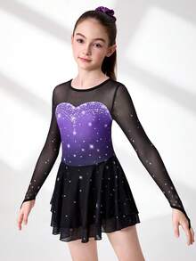 青少年女孩长袖圆领花样滑冰裙、防闪光紧身裤、裙式滑冰服、高弹印花紧身贴肤舒适塑形训练运动服，适合所有季节 - 紫色 - 查看 5