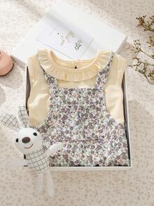 Souflis Souflis 2pcs Toddler Girls Vintage Floral Corduroy Suspender Pants + Jacquard Knit Long Sleeve T-Shirt Set, Casual Outfit For Daily Wear, Family Gathering