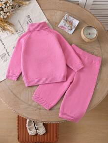 مجموعة كنزة صوفية للأطفال الرضع/الصغار، كنزة صوفية تريكو بياقة عالية بأكمام راجلان مع رسمة بطة وردية جميلة وبنطال ساق واسع، ناعمة ومريحة، مناسبة للاستخدام اليومي، الخارجي، السفر، العطلات، المنزل، الحضانة، وأنشطة الأطفال