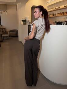 Abrilcols 女士藏青色条纹低腰纽扣装饰休闲简约阔腿裤/通勤休闲/百搭外出/办公室装 - 咖啡棕 - 查看 2