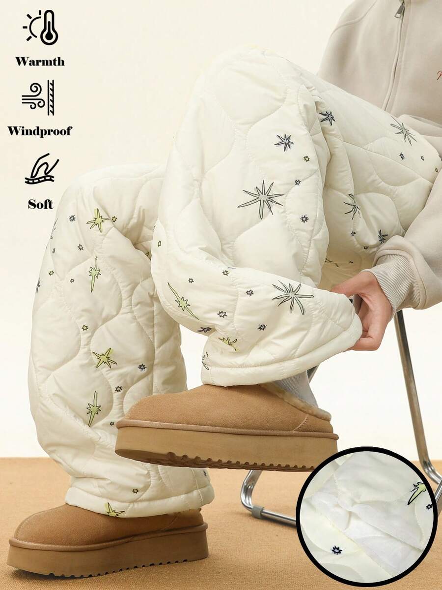 INAWLY Plus Size Star Print Warm Casual Comfortable Soft Cotton Pants, Winter - White - View 1
