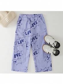 THE HAPPY LOOK Young Girl Casual Letter Print Straight Leg Pants - Purple - View 5