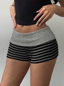 SHEIN BASICS 休闲日常简约通勤百搭复古黑灰条纹拼接撞色低腰紧身女式短裤，舒适适合春秋季 - 彩色 - 查看 4