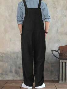 Manfinity Roghcode 纯色无袖时尚百搭宽松休闲灯芯绒背带裤，黑色，男士冬季款 - 黑色 - 查看 2