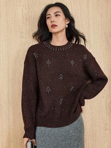 Dazy-Less Women's Loose Business Casual Crew Neck Beaded Knit Sweater, Brown, Suitable For Autumn And Winter