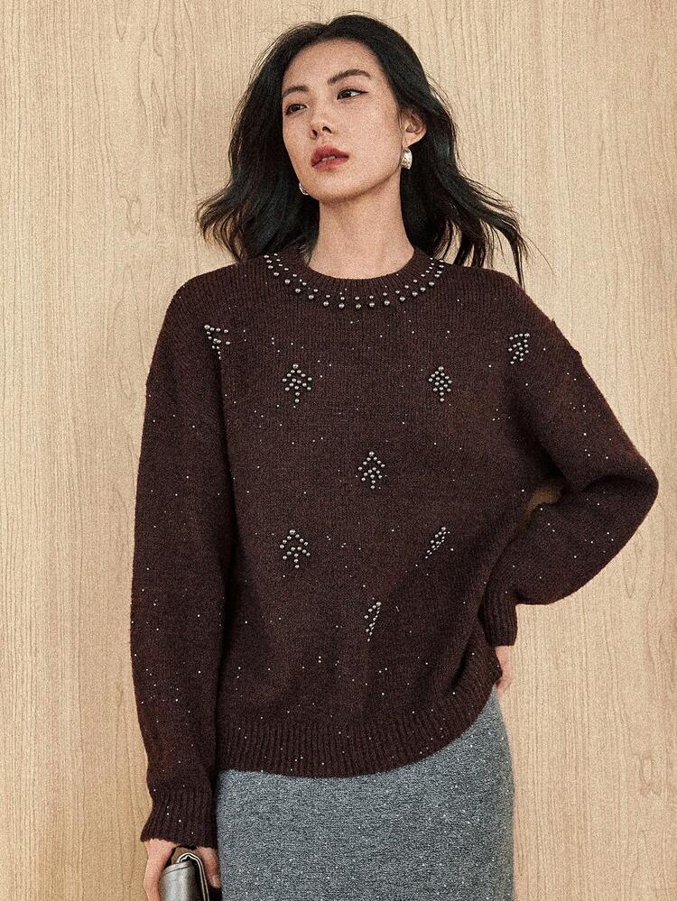 Women's Loose Business Casual Crew Neck Beaded Knit Sweater, Brown, Suitable For Autumn And Winter