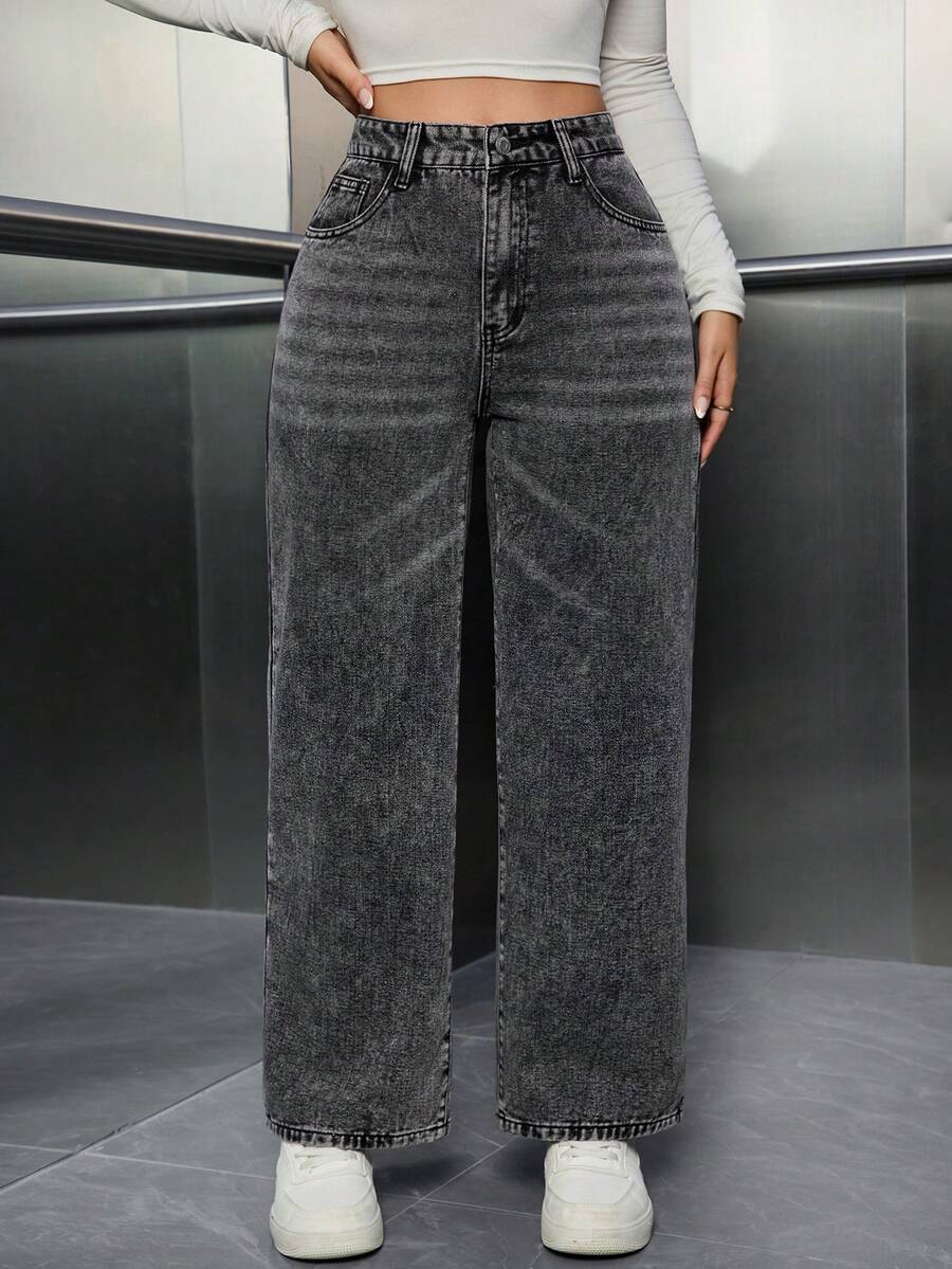 SHEIN ICON Casual Washed High Waist Straight Leg Jeans - Light Grey - View 1