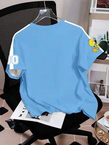 LOONEY TUNES X SHEIN Women's Casual Sports Style Cartoon Letter & Striped Print Short Sleeve T-Shirt, Summer