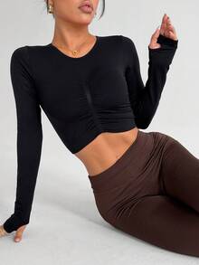 Dewbera Áo thun thể thao nữ liền mạch có lỗ xỏ ngón tay cái, áo thun thể thao tay raglan bó sát tập thể dục - màu đen - Xem 2