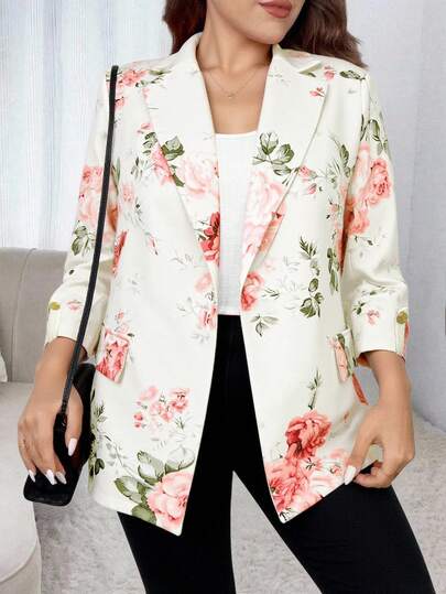 EMERY ROSE Plus Size Women Floral Print Lapel Long Sleeve Elegant Blazer