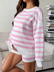 SHEIN 孕妇休闲拼色条纹毛衣和针织短裤套装，秋冬 - 粉色 - 查看 5