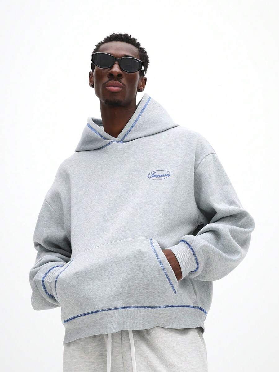 SUMWON Regular Men's Hooded Sweatshirt With Contrast Blue Stitching And Centre Pocket For Casual Everyday Wear - Grey - View 1