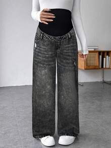 SHEIN 孕妇休闲宽松直筒牛仔裤，腰带拼接 - 黑色 - 查看 6