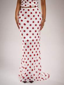 Avantive Red And White Polka Dot Maxi Skirt For Women,Vintage 70s 2000s Style Elegant Fitted Print Skirt,Autumn Party Cocktail Prom Homecoming Date Night - Red and White - View 3