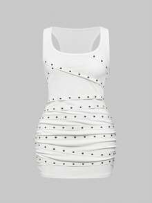 ROMWE Grunge Punk Váy ngắn Kpop cổ tròn không tay đính đá đính đinh tán đính đá cỡ lớn gợi cảm cho nữ mặc đi biển mùa hè dự tiệc lễ Phục sinh - trắng - Xem 1