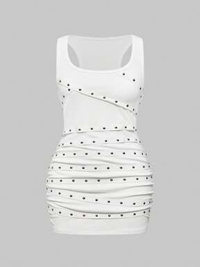 Grunge Punk Summer Beach Graduation Easter Dress Women Concert Nashville Vacation Music Festival Rivet Rhinestone Strap Sleeveless Scoop Neck Low-Cut Sexy Plus Size Women Kpop Mini Dress