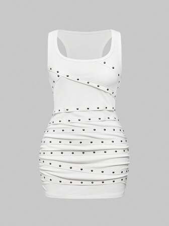 Grunge Punk Abito estivo da donna per spiaggia, laurea, Pasqua, concerto, vacanza a Nashville, festival musicale, con cinturini con borchie e strass, scollo a V profondo, smanicato, taglia comoda, stile Kpop, mini abito