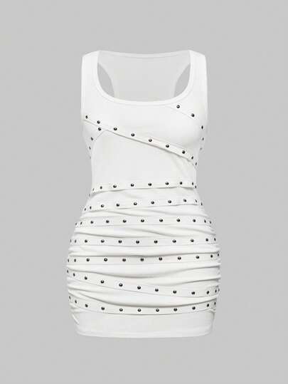 Grunge Punk فستان نسائي قصير بأشرطة مرصعة بالراين والنيتات، ذو فتحة رقبة عميقة وأكتاف عارية، مناسب للصيف والشاطئ والتخرج والعيد والحفلات والمهرجانات الموسيقية، مقاسات كبيرة