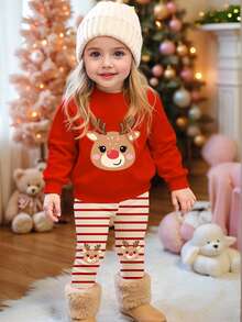 SHEIN Playful Pals 1 套女婴休闲秋季服装，圣诞节可爱驯鹿和雪花印花长袖圆领运动衫和紧身裤套装，适合秋冬外出和圣诞派对 - 彩色 - 查看 1
