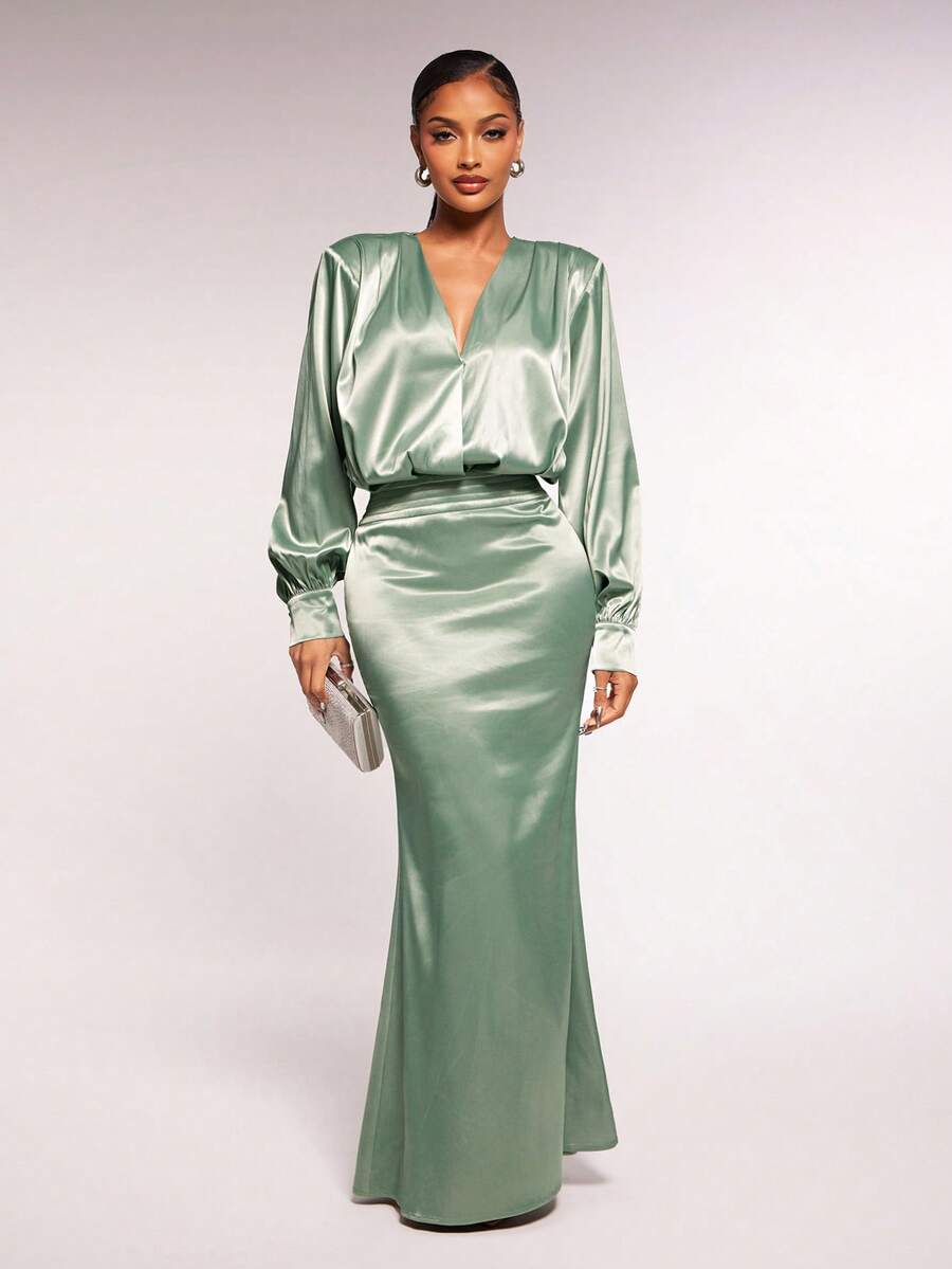 Radiana Women's Elegant Backless Long Sleeve Satin Dress, Sage Green Party Gown, Smooth Stretchy Satin Material Hugs Body Curves, Suitable For Dates, Gatherings, Parties, Banquets, Christmas, New Year, Holidays, Party;Gala Night;Gown For Prom Night Teal - Green - View 1