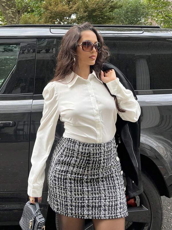 NegzBox Camisa de manga larga blanca con cinturón de cintura, ajuste slim, uso casual de oficina, otoño, blusa de manga larga, camisas de otoño, camisa de cuello en V, ropa, camisas de vuelta al colegio