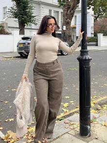 NegzBox Women's Solid Color High Neck Raglan Sleeve Fitted Ribbed Sweater - Camel - View 5
