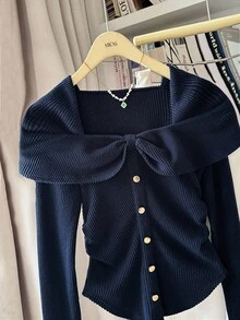 GlowEve 女式荷叶边领长袖修身衬衫 - 藏蓝色 - 查看 3