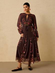 Travachic Plus Size Elegant Printed Knit Double Layer Long Sleeve Dress, Suitable For Party And Holiday - Black - View 3