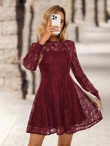 EMERY ROSE Đầm ngắn thanh lịch cổ tròn tay raglan màu trơn cho nữ, viền ren nhún eo - Màu Đỏ Sâu - Xem 6