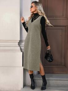 SHEIN LUNE Women's Casual Solid Color Woolen Sleeveless V-Neck Split Midi Dress, Basic Outfit For Autumn/Winter Daily Wear,Casual - Brown - View 4