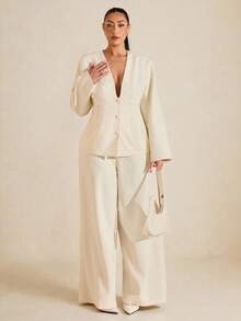 SHEIN BAE 大码纯色深V领长袖上衣和裤子套装 - 黃色 - 查看 11