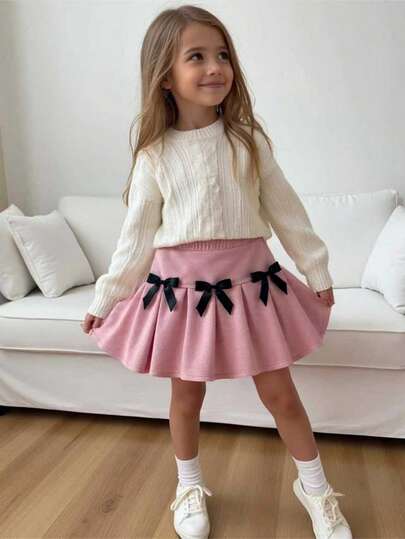 Playful Pals 1pc Young Girls' Pink Bow Pleated Skirt, Cute Sweet Elegant Korean Style Skirt, Suede Fabric, Suitable For Autumn/Winter Casual Outings, Travel, Holidays, Birthday