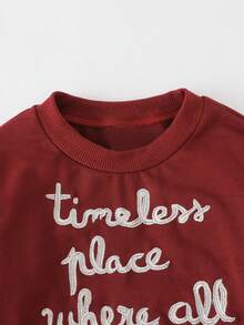 THE HAPPY LOOK 年轻男孩字母刺绣紫红色针织落肩运动衫，复古休闲风格 - 中紫紅色 - 查看 10